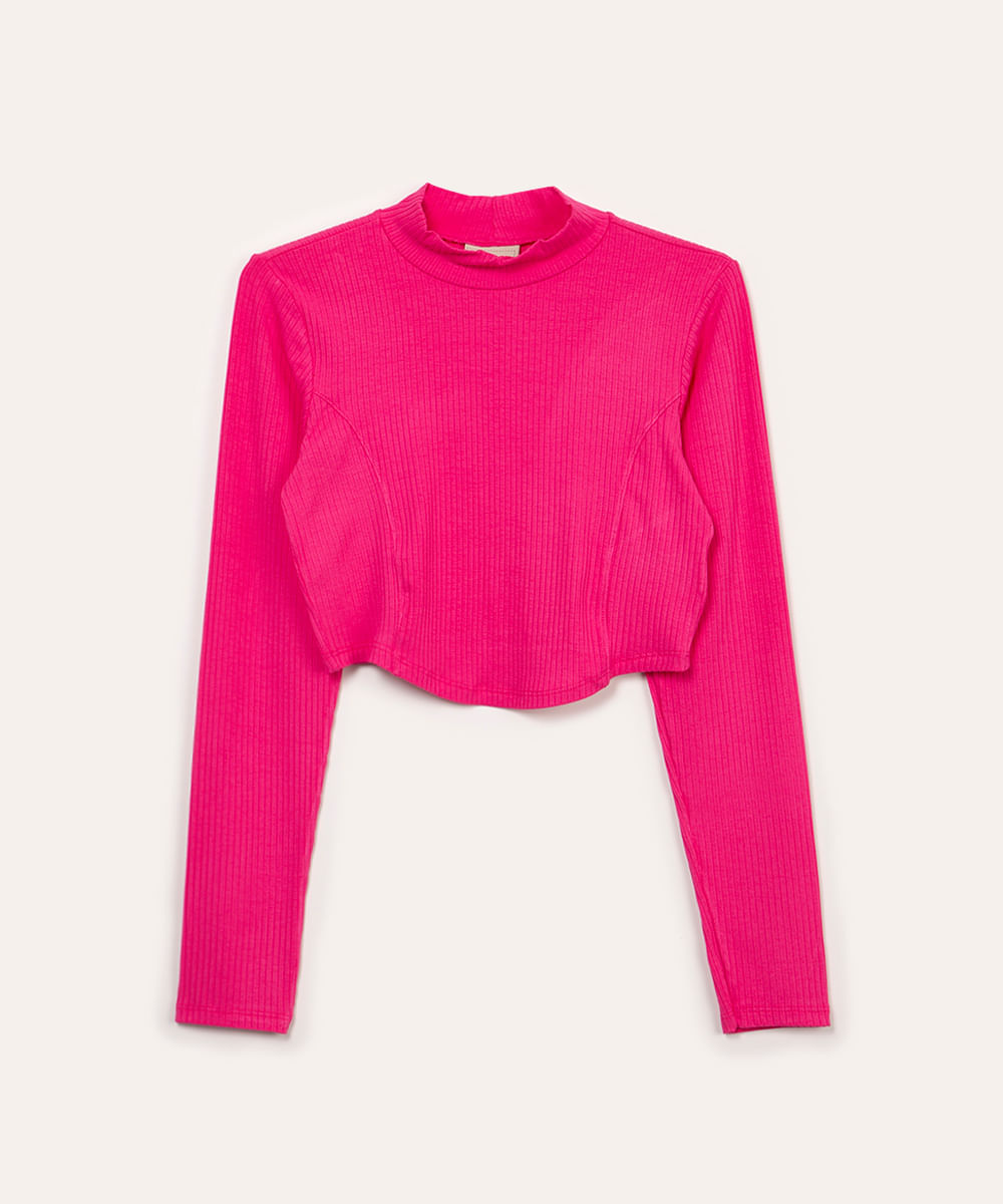 cropped de viscose juvenil com recorte manga longa pink