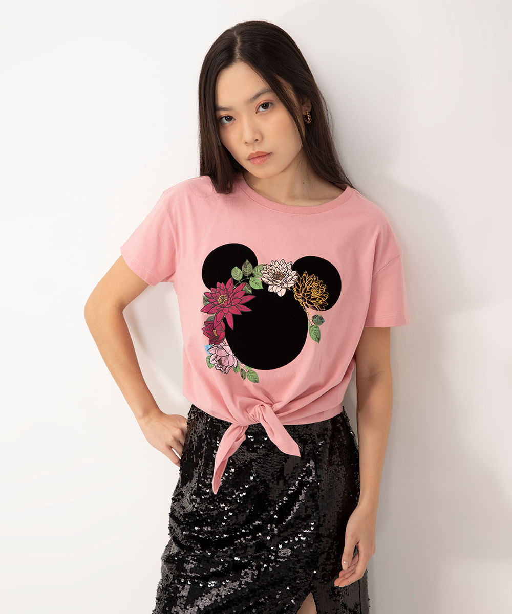 camiseta de algodão Minnie manga curta com nó rosa claro