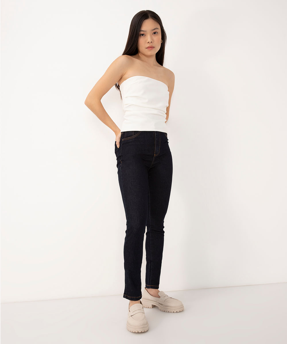 calça jeans skinny cintura alta com bolsos sawary azul escuro