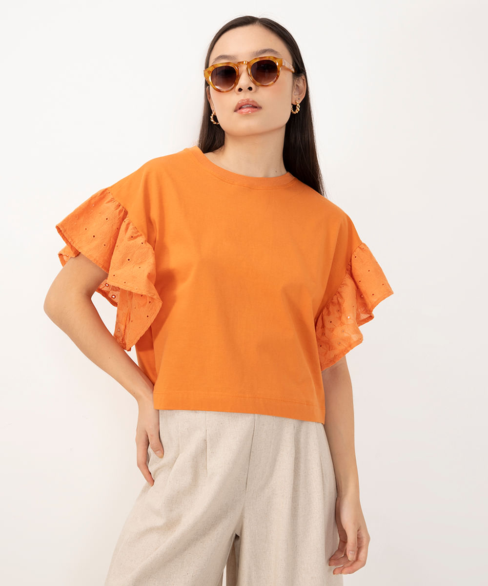 blusa de algodão babado de laise manga curta laranja