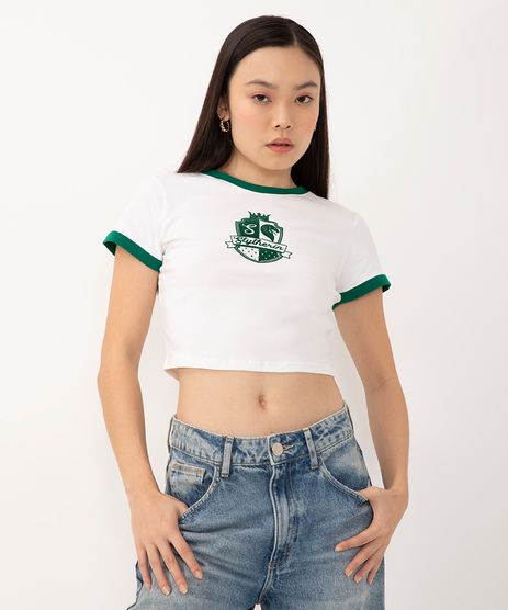 camiseta cropped baby look manga curta wellness off white - C&A