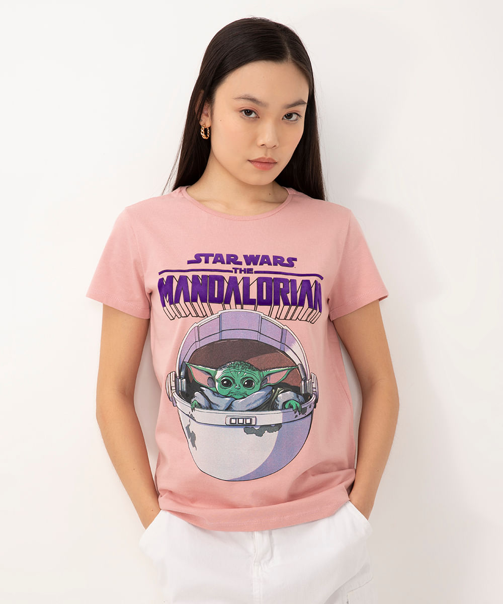 camiseta de algodão mandalorian grogu rosa