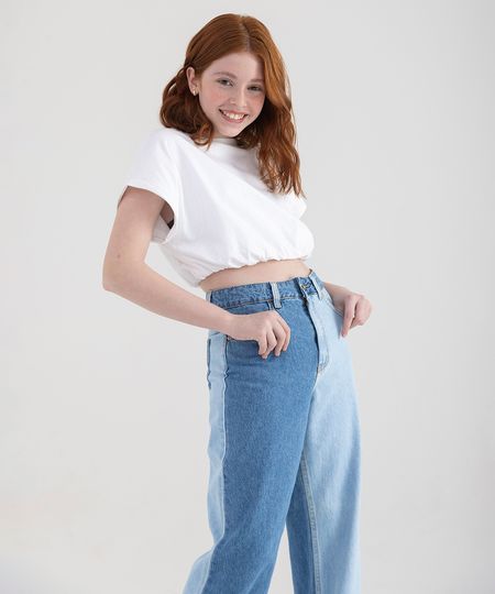 calça jeans juvenil wide leg com recortes e bolsos azul claro 10