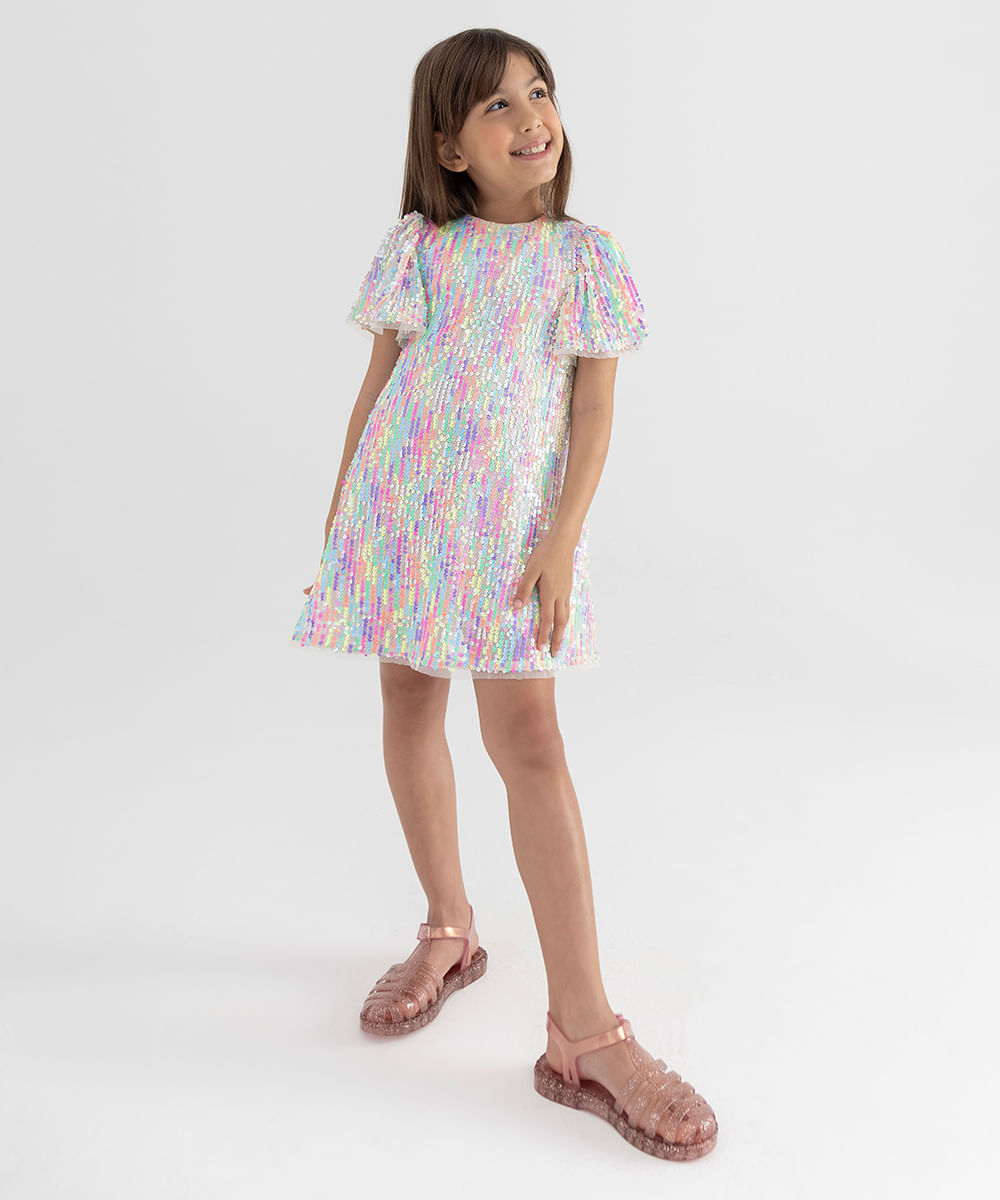 vestido de paetê infantil manga curta multicor