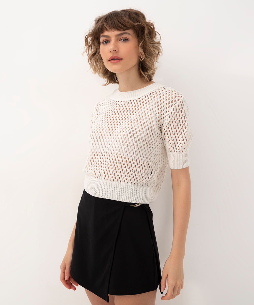 blusa de tricot gola redonda manga curta off white