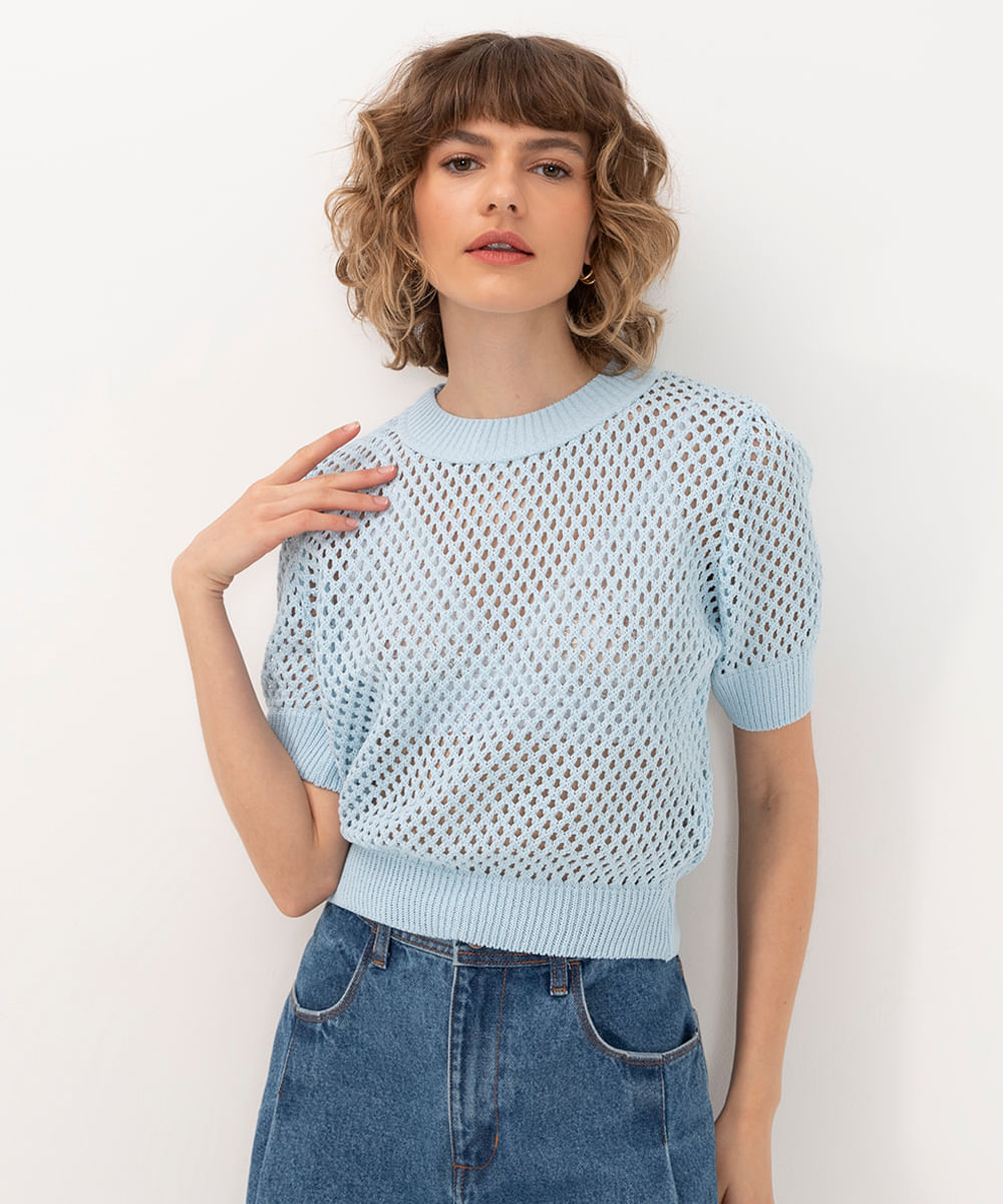 blusa de tricot gola redonda manga curta azul claro