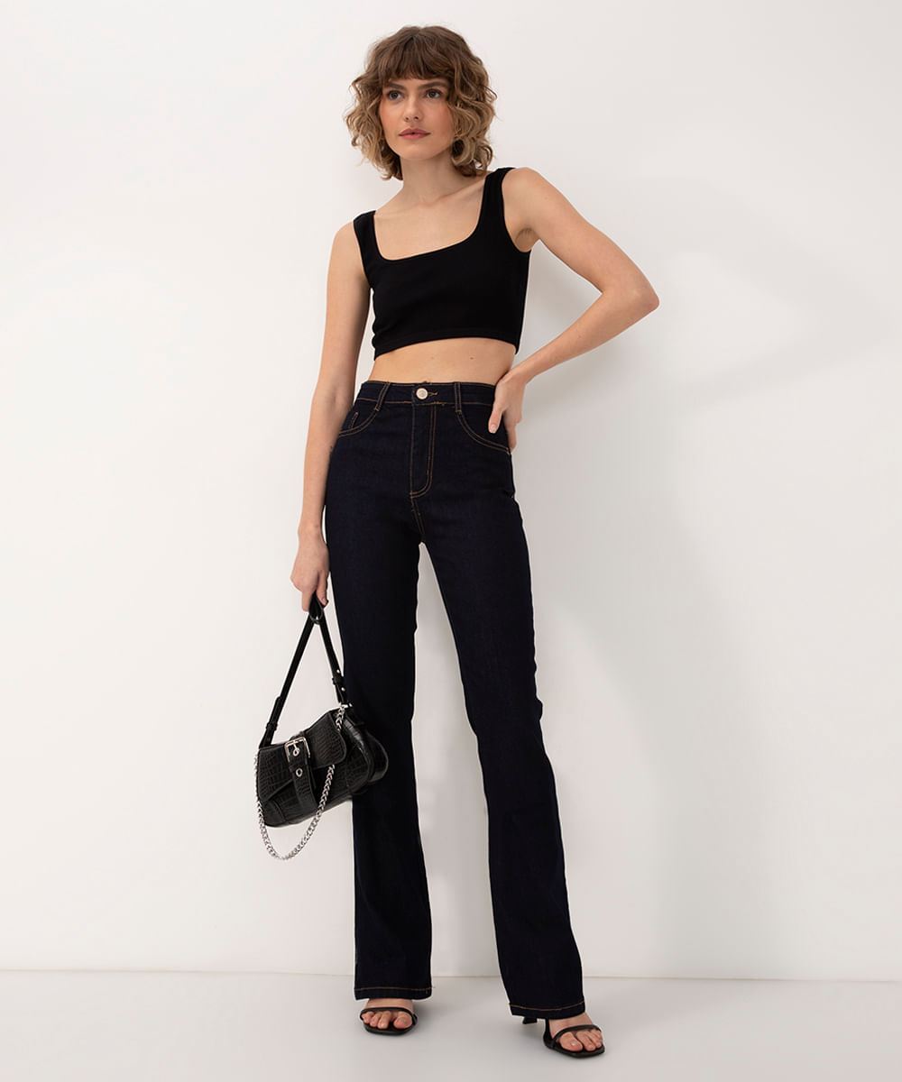 calça jeans flare cintura alta lipo com bolsos sawary azul escuro