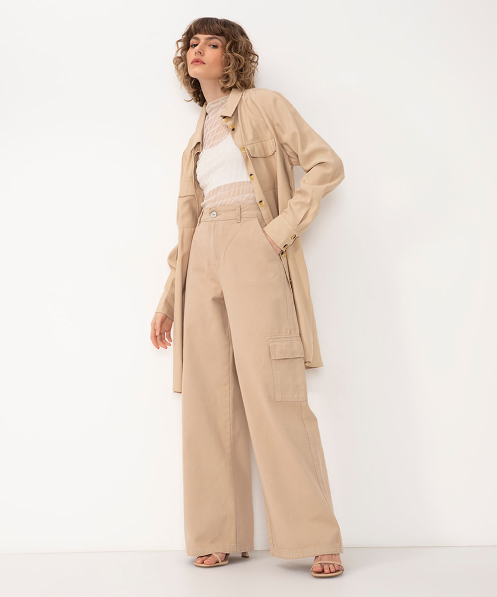 calça de sarja wide leg cargo cintura super alta kaki