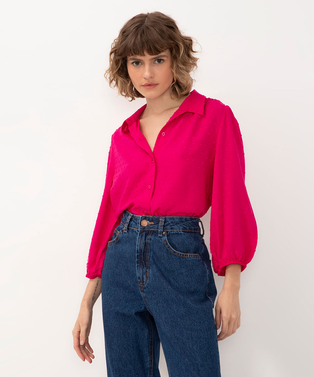 camisa de viscose texturizada manga longa rosa