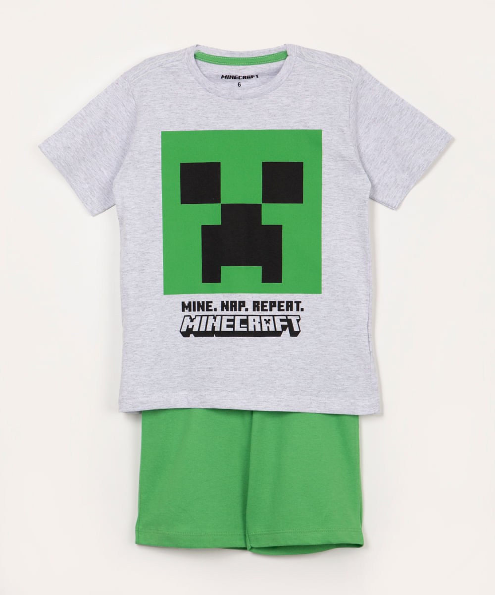 pijama de algodão infantil minecraft manga curta cinza mescla