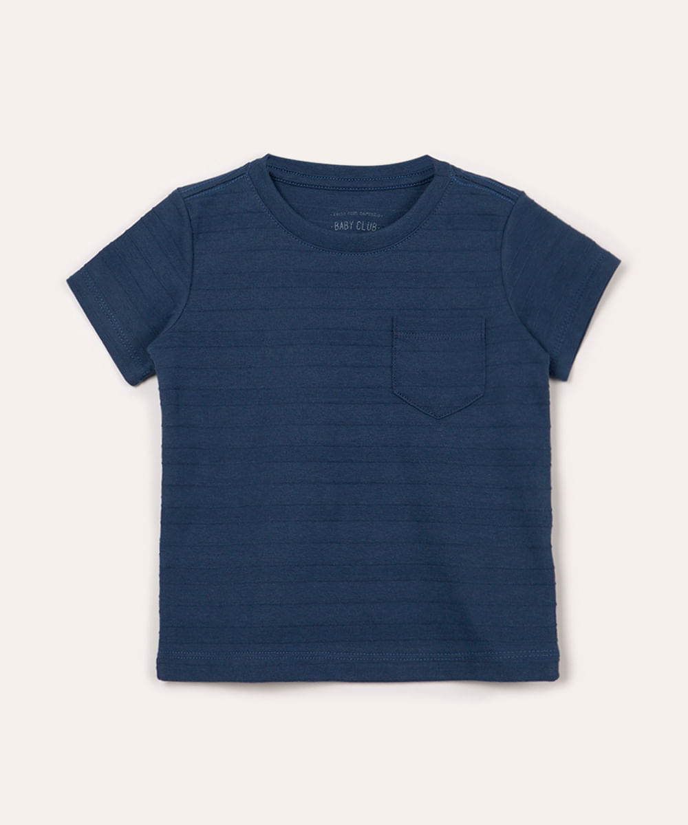 camiseta de algodão infantil texturizada com bolso manga curta azul