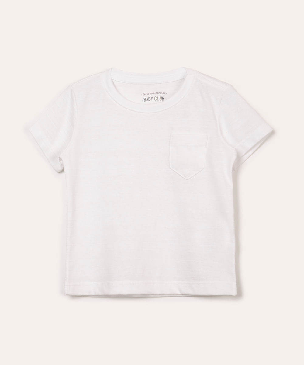 camiseta de algodão infantil texturizada com bolso manga curta branco