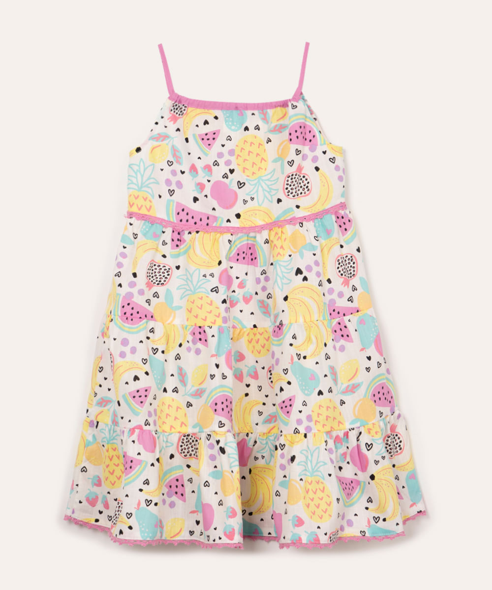 vestido de algodão infantil frutas alças finas colorido