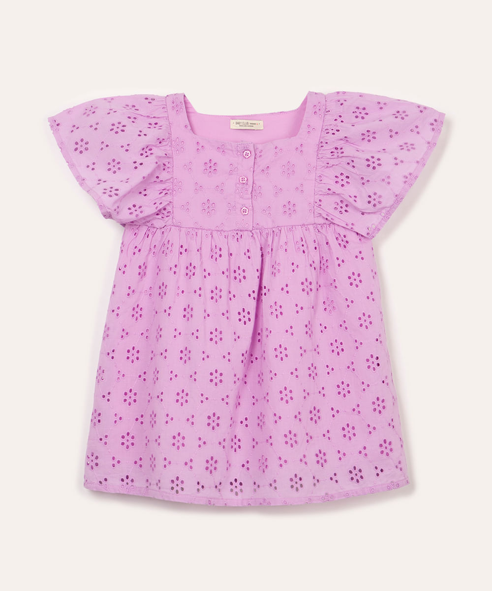 vestido em laise infantil com babado manga curta lilás