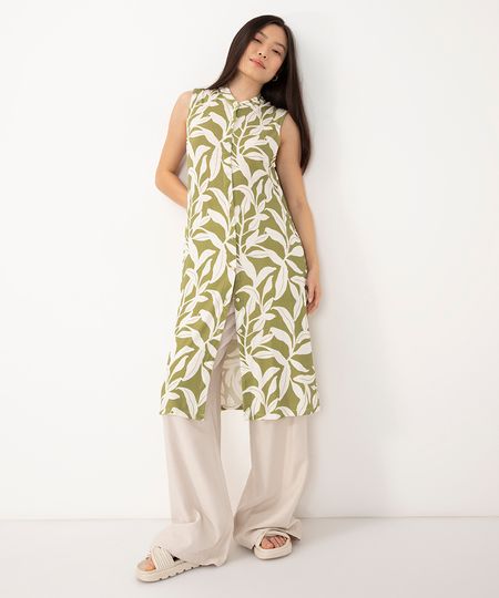 túnica de viscose gola padre folhagem verde militar PP túnica de viscose gola padre folhagem verde militar PP