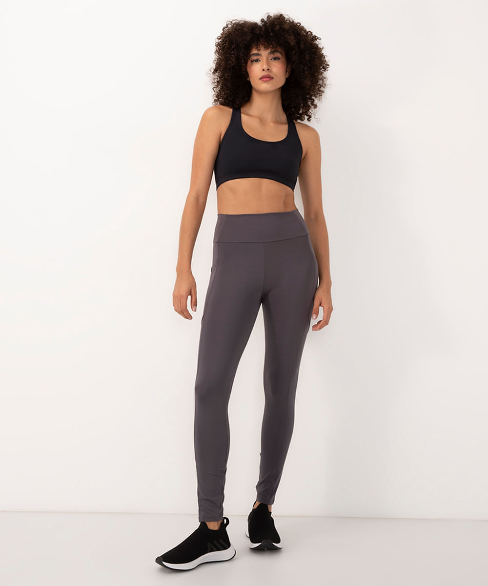 calça legging com bolsos cintura alta esportiva ace cinza médio