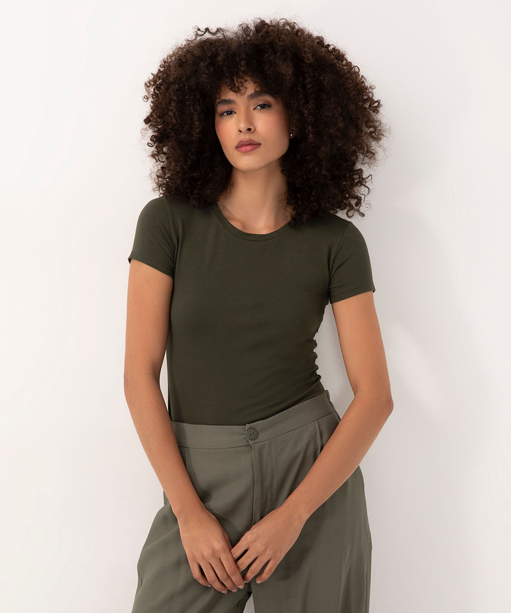 camiseta básica de algodão manga curta verde militar