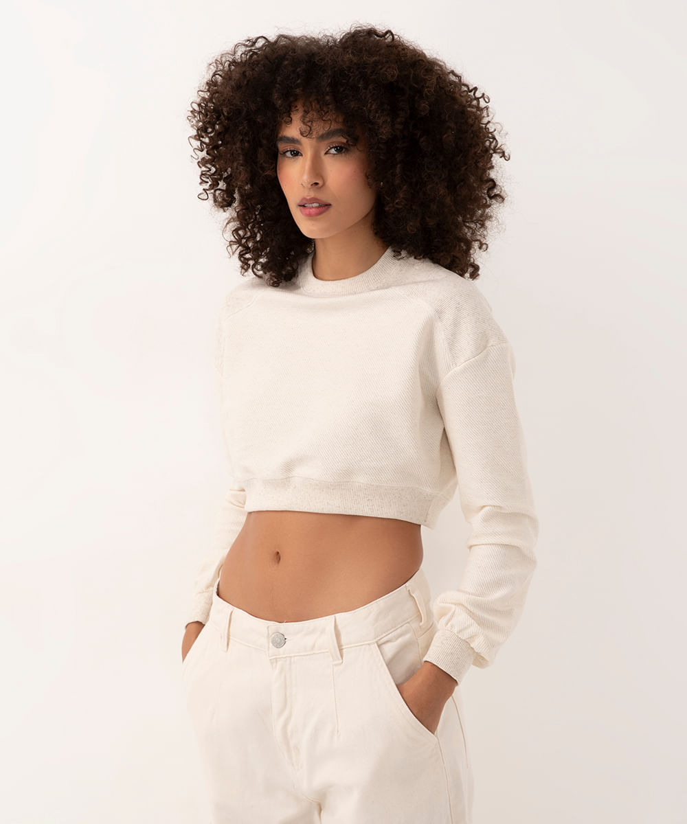 blusa de moletom texturizado cropped off white