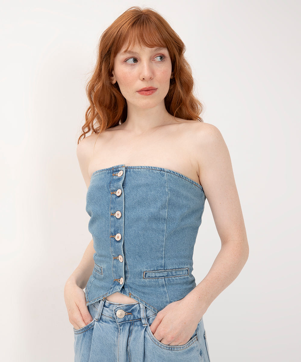 corset jeans com botões azul claro