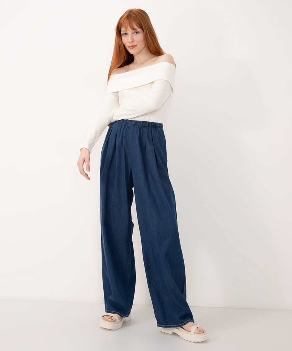 calça jeans wide leg cintura alta com elástico azul médio