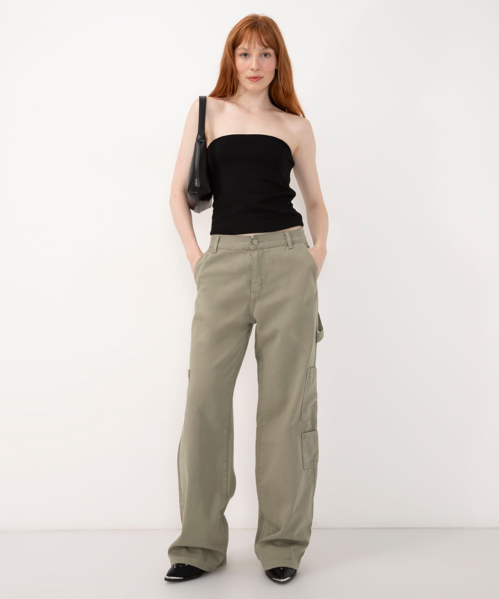 calça de sarja wide leg cargo cintura alta sawary verde médio