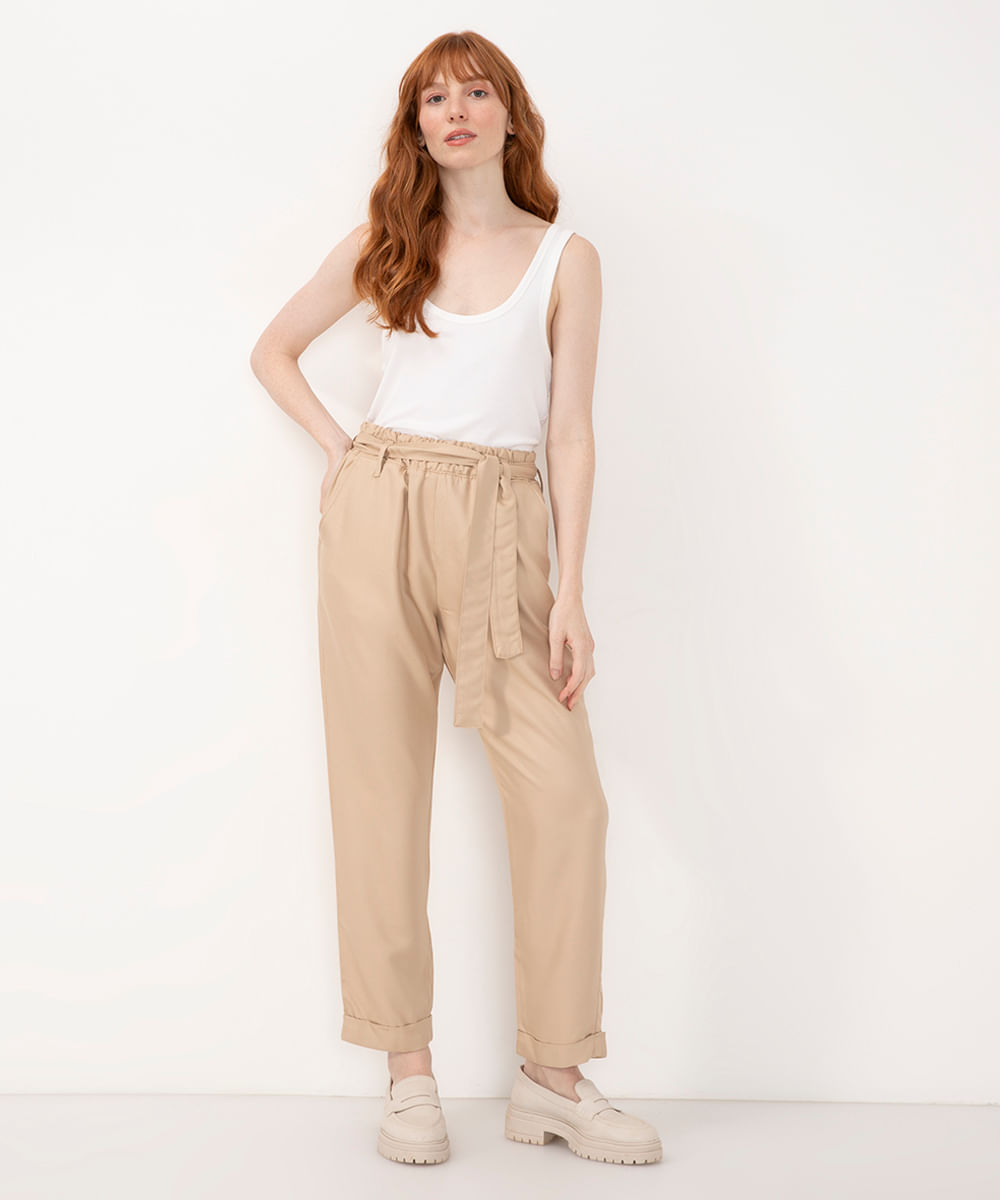 calça clochard de viscose cintura super alta com faixa areia