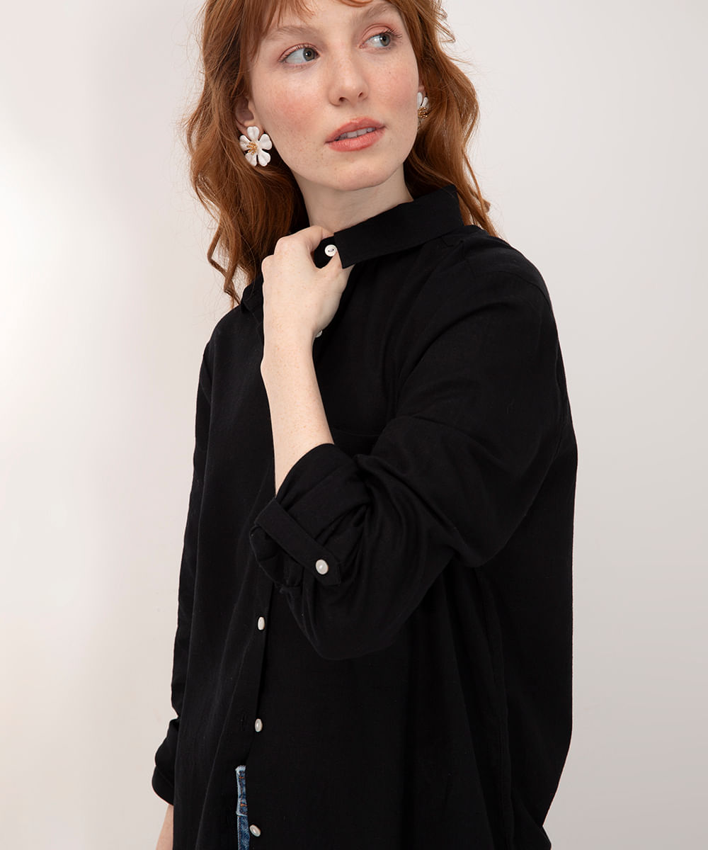 camisa alongada de algodão manga longa preta