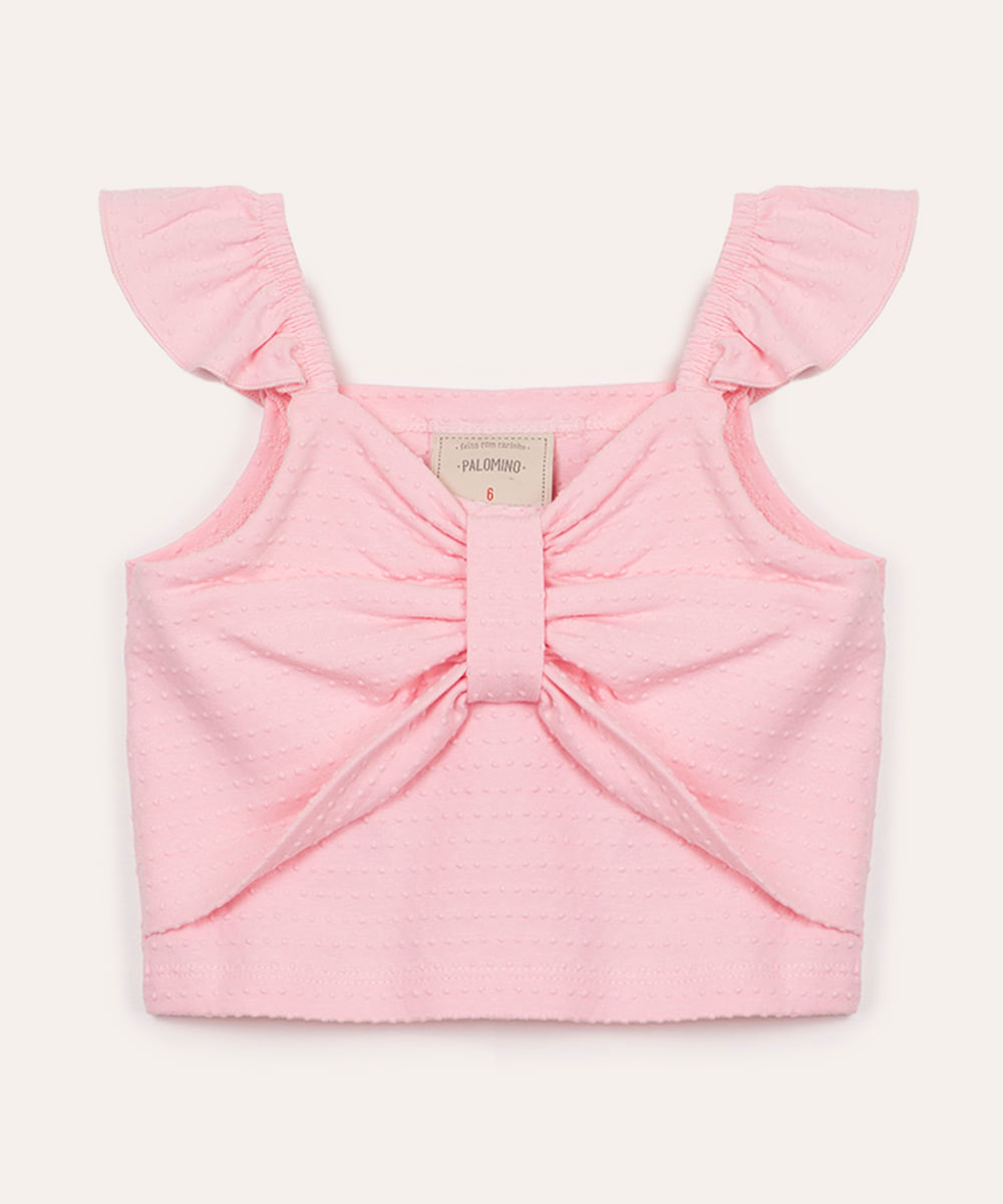 blusa de algodão infantil texturizada com laço e babado rosa