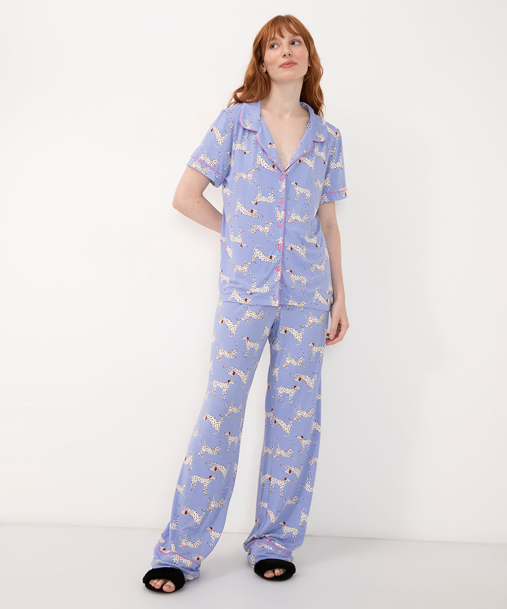 pijama americano de viscose longo cachorro azul claro