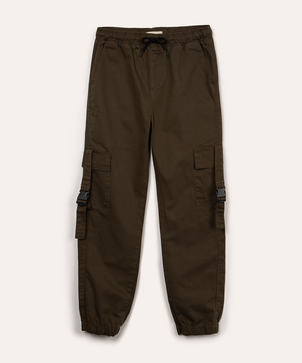 calça juvenil jogger cargo cintura alta verde militar