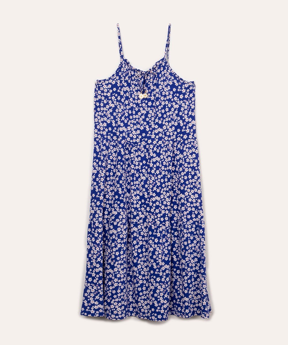 vestido de viscose juvenil floral alça fina azul claro