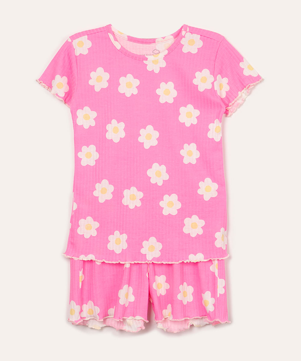 pijama infantil curto floral rosa