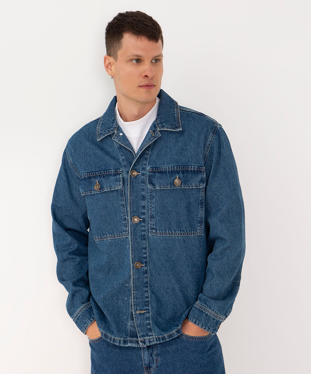 jaqueta jeans overshirt com bolsos azul escuro