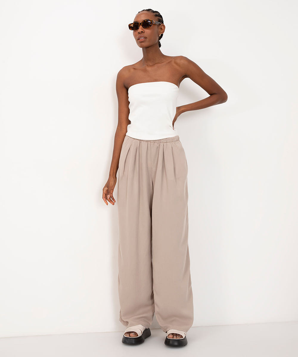 calça de sarja wide leg cós elástico kaki