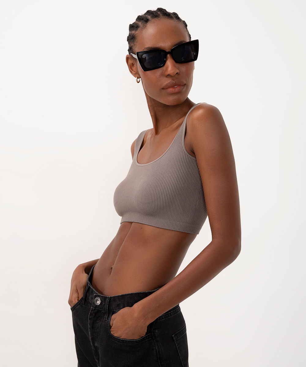 cropped básico de poliamida areia - cinza