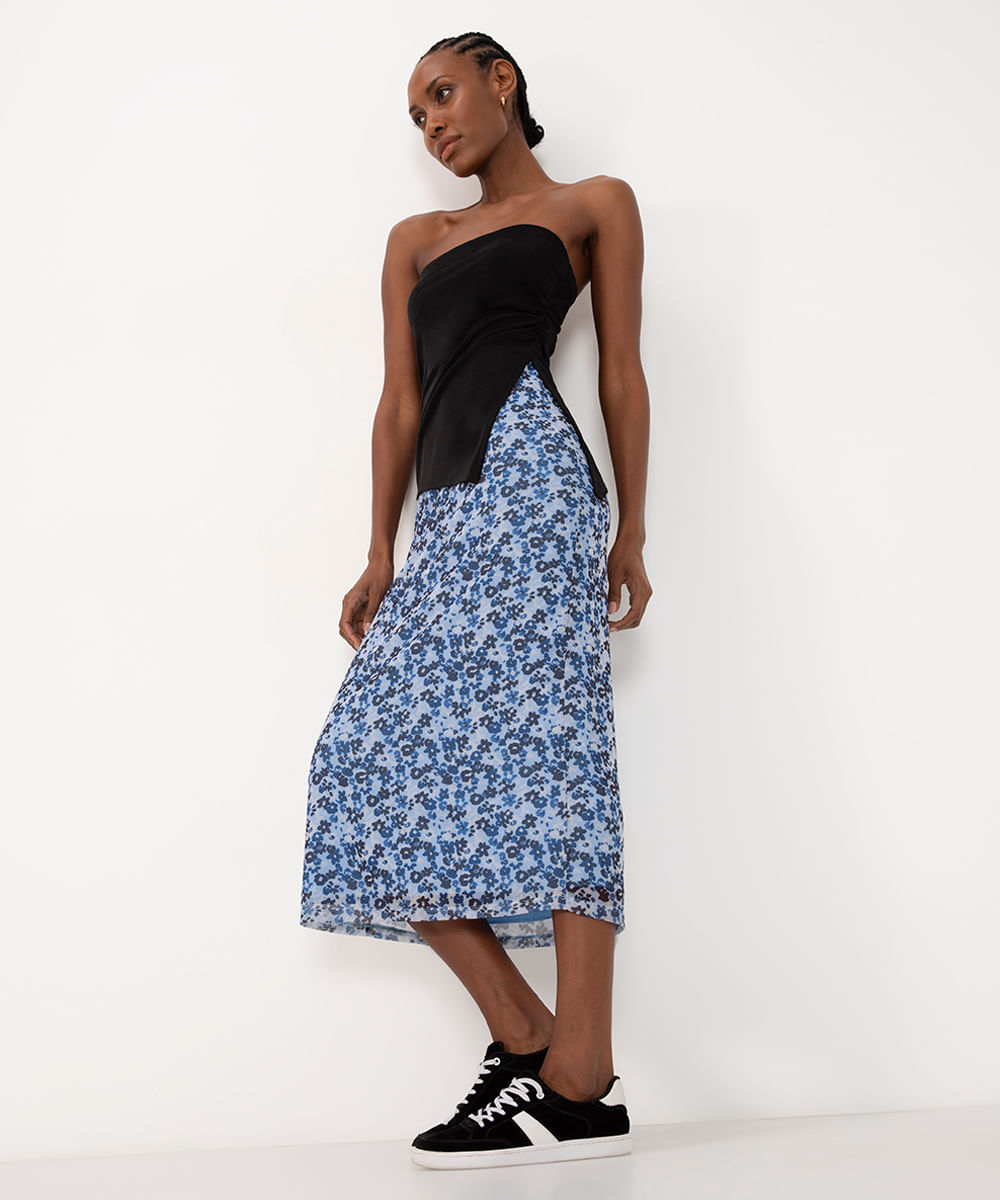 saia midi de tule floral azul
