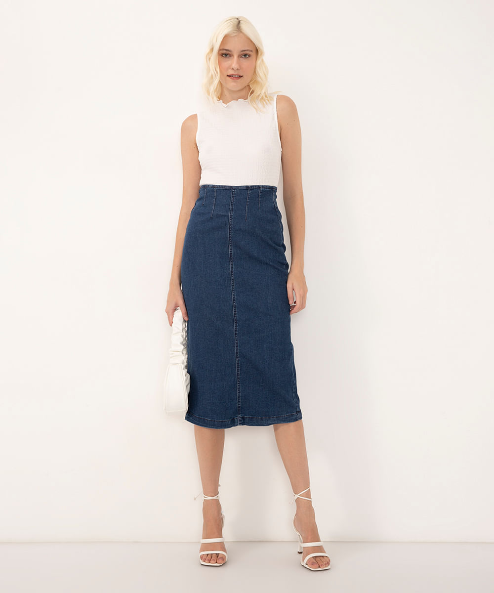 saia jeans midi stretch cintura super alta azul escuro