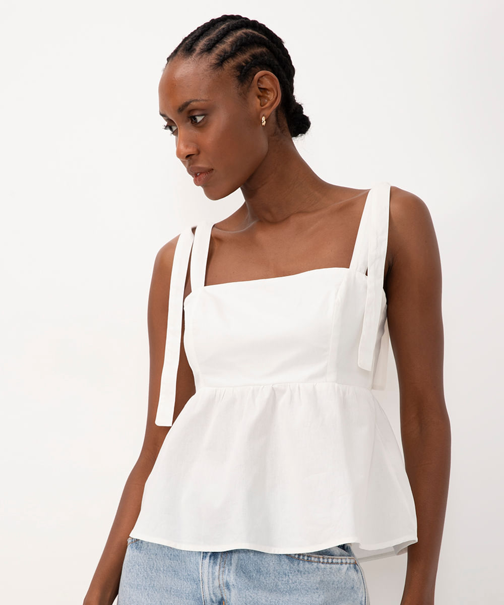 blusa de algodão evasê com amarração off white