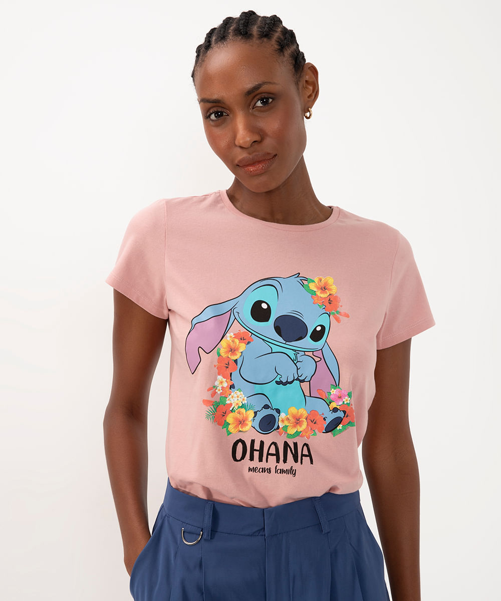 camiseta de algodão stitch ohana manga curta rosa