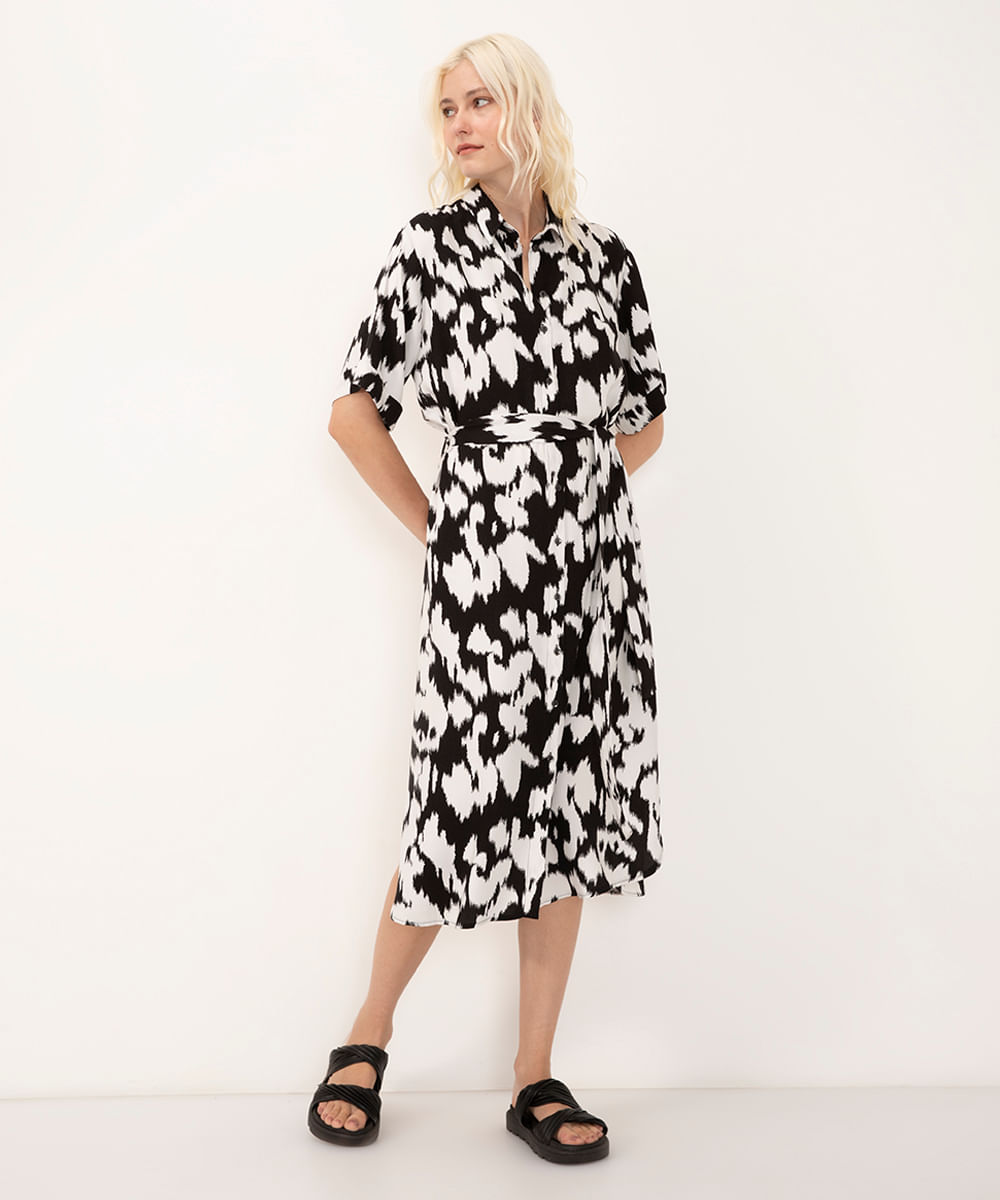 vestido chemise de viscose animal print manga curta com faixa off white