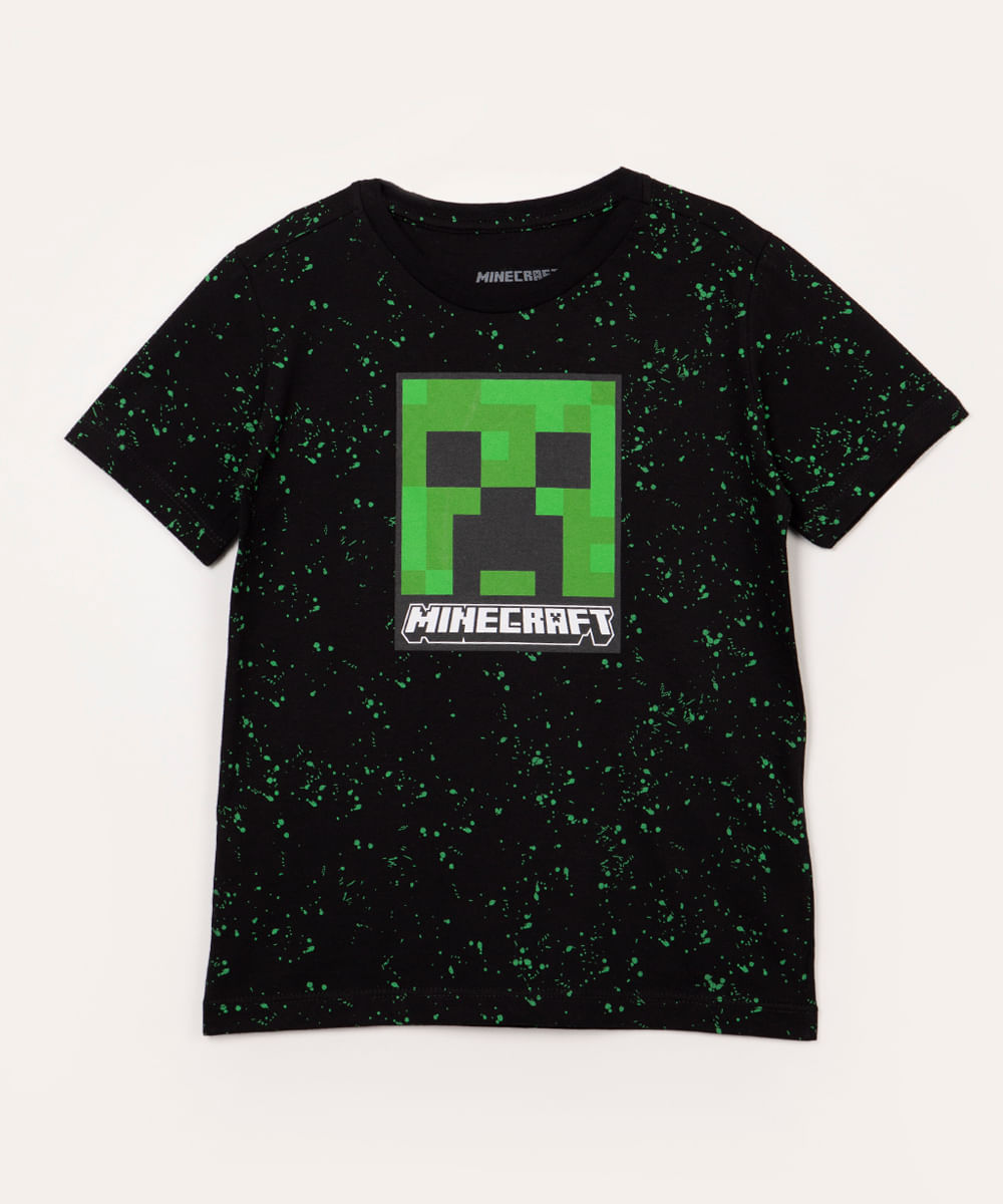 camiseta de algodão infantil minecraft manga curta preto