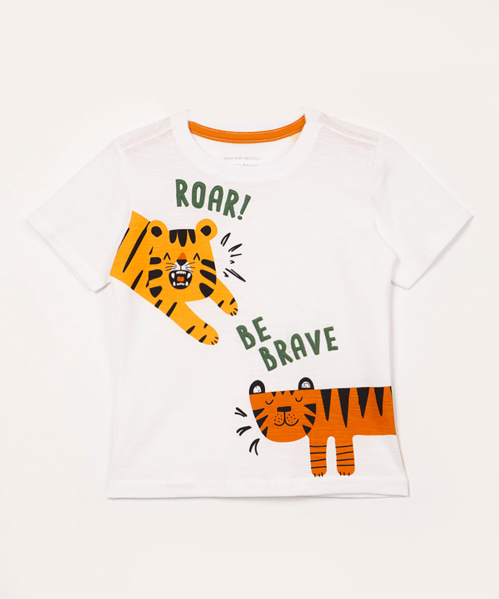 camiseta de algodão infantil roar be brave manga curta off white