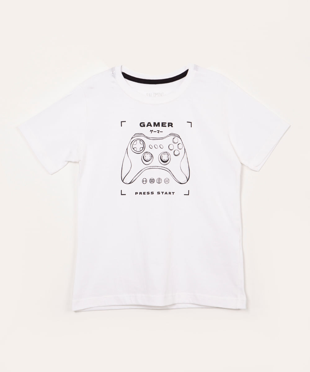 camiseta de algodão infantil gamer manga curta off white