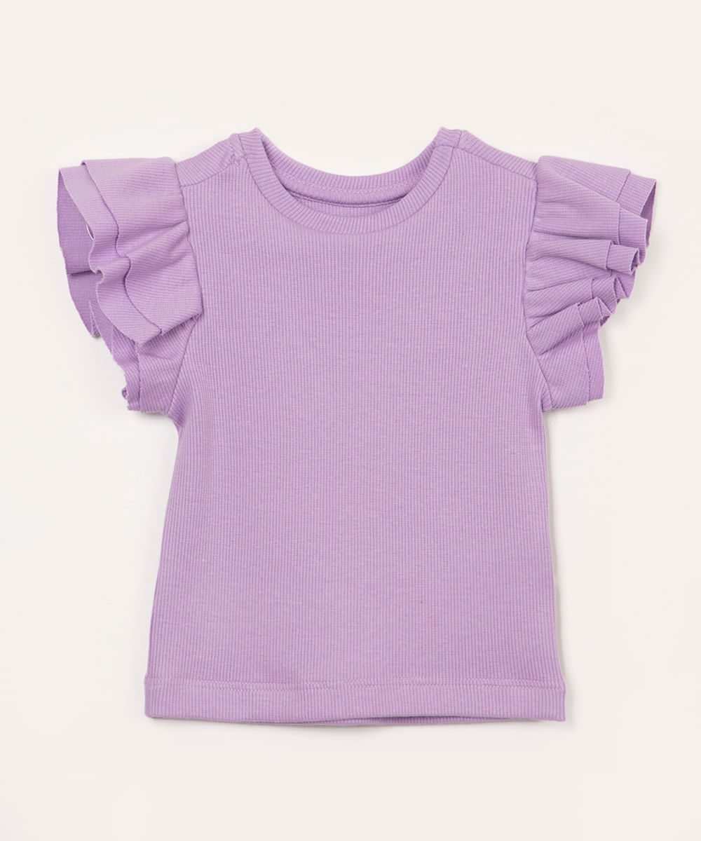 blusa infantil de algodão manga curta em babados lilás pastel