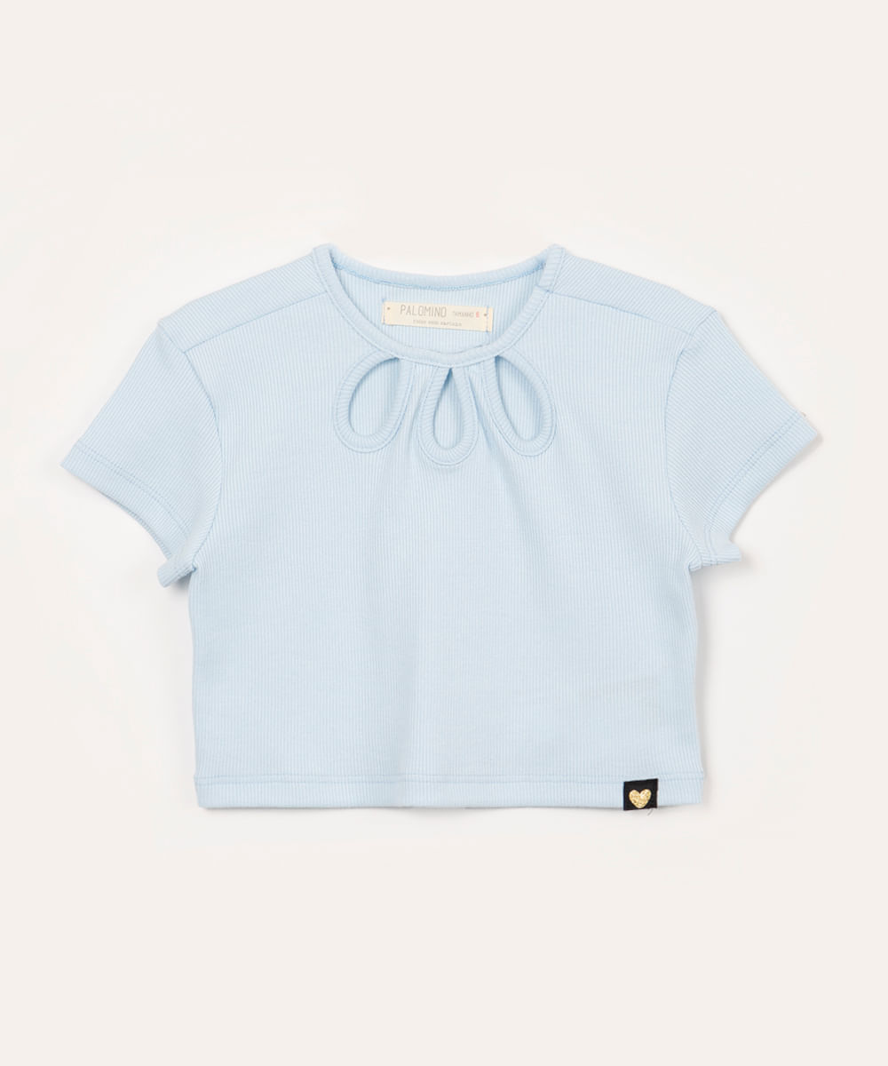 blusa cropped infantil gotinhas manga curta azul claro