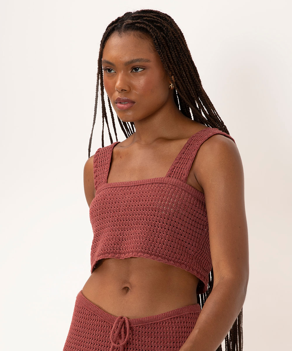 cropped de tricot ateliê mão de mãe terracota