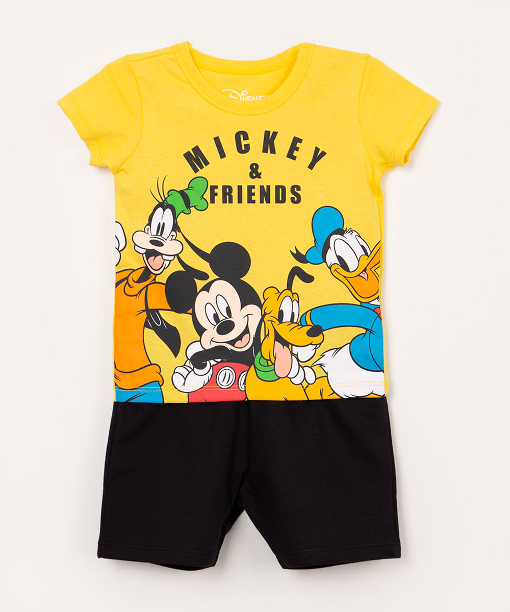 conjunto de algodão mickey e amigos infantil manga curta amarelo