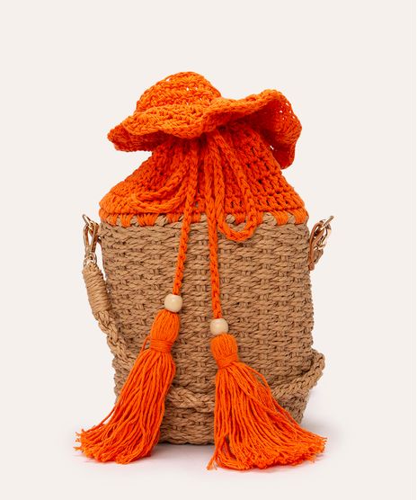 Bolsa Bucket Com Crochê E Cestaria Ateliê Mão De Mãe Laranja