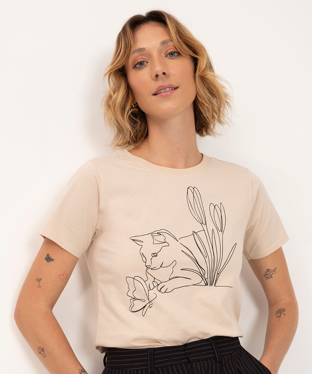 camiseta de algodão gato manga curta bege claro