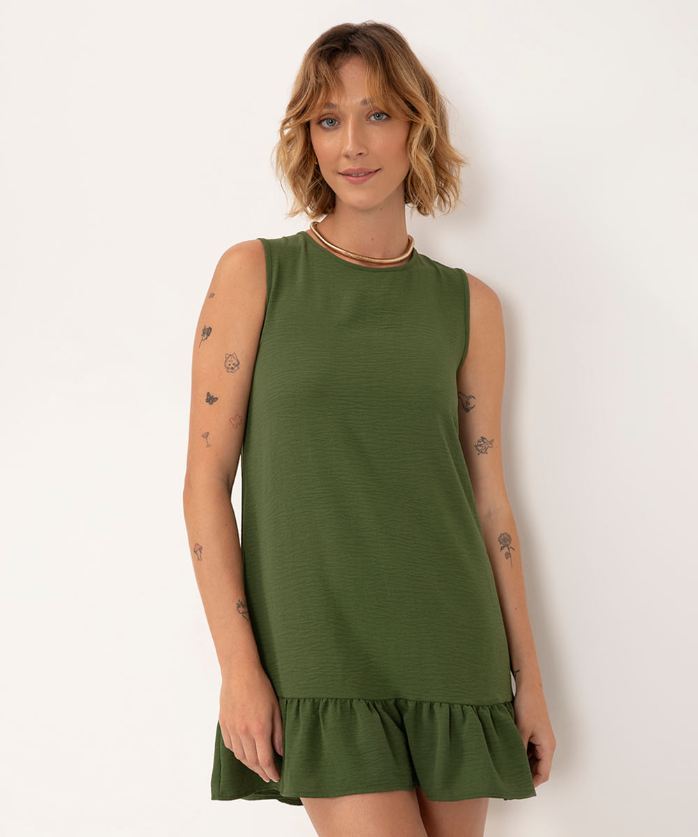 vestido curto com babado alça larga verde